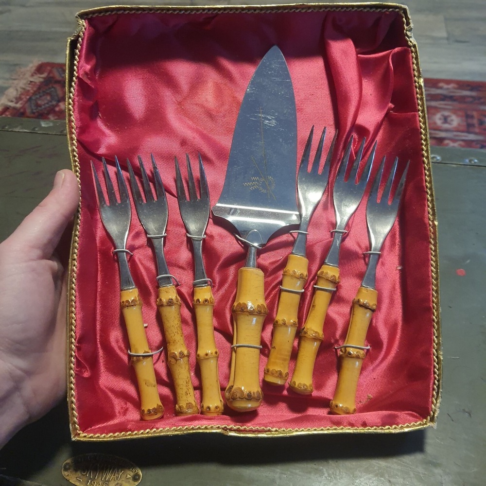 Vintage Baron Solingen Bamboo Handle NOS Dessert Serving Silverware MCM Set